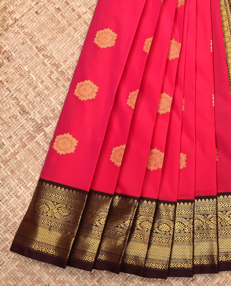 Red Budget Silk Saree, Spotlighted with Zari Buttas All Over Its Body, Complemented by Contrast Traditional Zari Design Border, Grand Pallu, and Paired with a Contrast Blouse