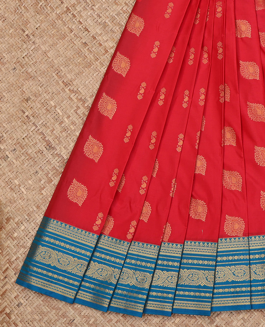 Red Budget Silk Saree, Graced with Zari Buttas All Over Its Body, Complemented by a Contrast Traditional Zari Border, Grand Geometric-Patterned Pallu, and Paired with a Contrast Blouse
