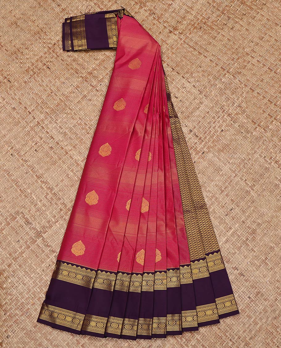 Pink Budget Silk Saree, Accentuated with Zari Buttas and Zari Stripes on Its Body, Complemented by a Contrast Traditional Zari Design Rettai Pettu Border, Grand Jaal Pallu, and Paired with a Contrast Blouse