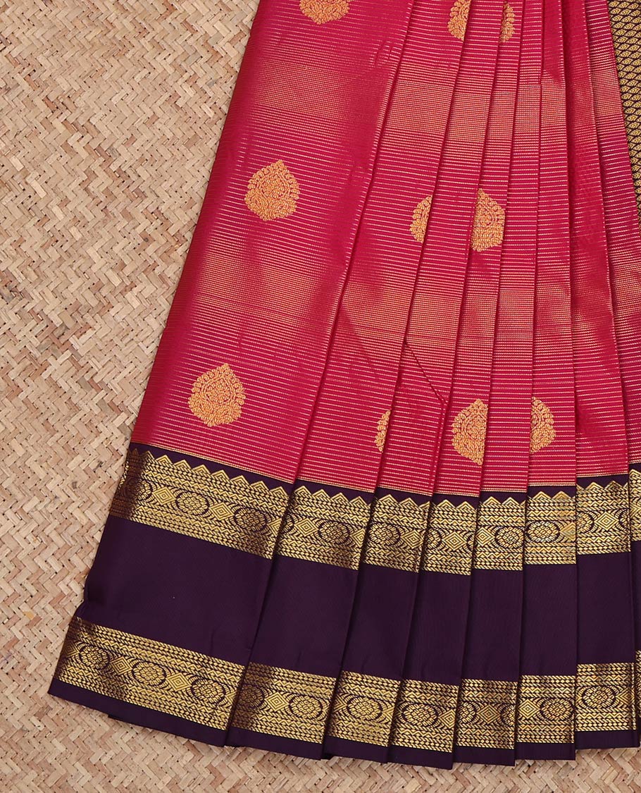 Pink Budget Silk Saree, Accentuated with Zari Buttas and Zari Stripes on Its Body, Complemented by a Contrast Traditional Zari Design Rettai Pettu Border, Grand Jaal Pallu, and Paired with a Contrast Blouse