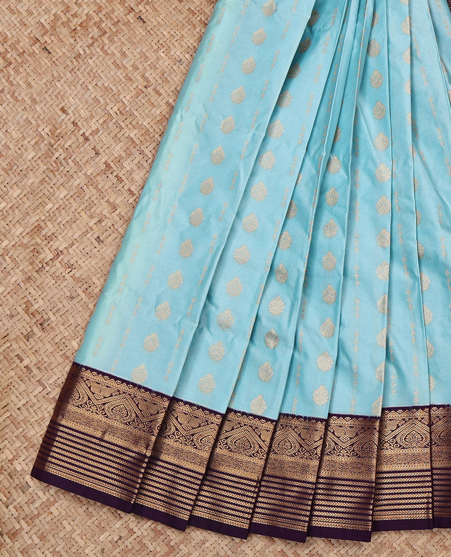 Blue Budget Silk Saree, Subtly Sparkled with Zari Buttas All Over Its Body, Complemented by a Contrast Traditional Zari Design Border, Grand Jaal Pallu, and Paired with a Contrast Blouse
