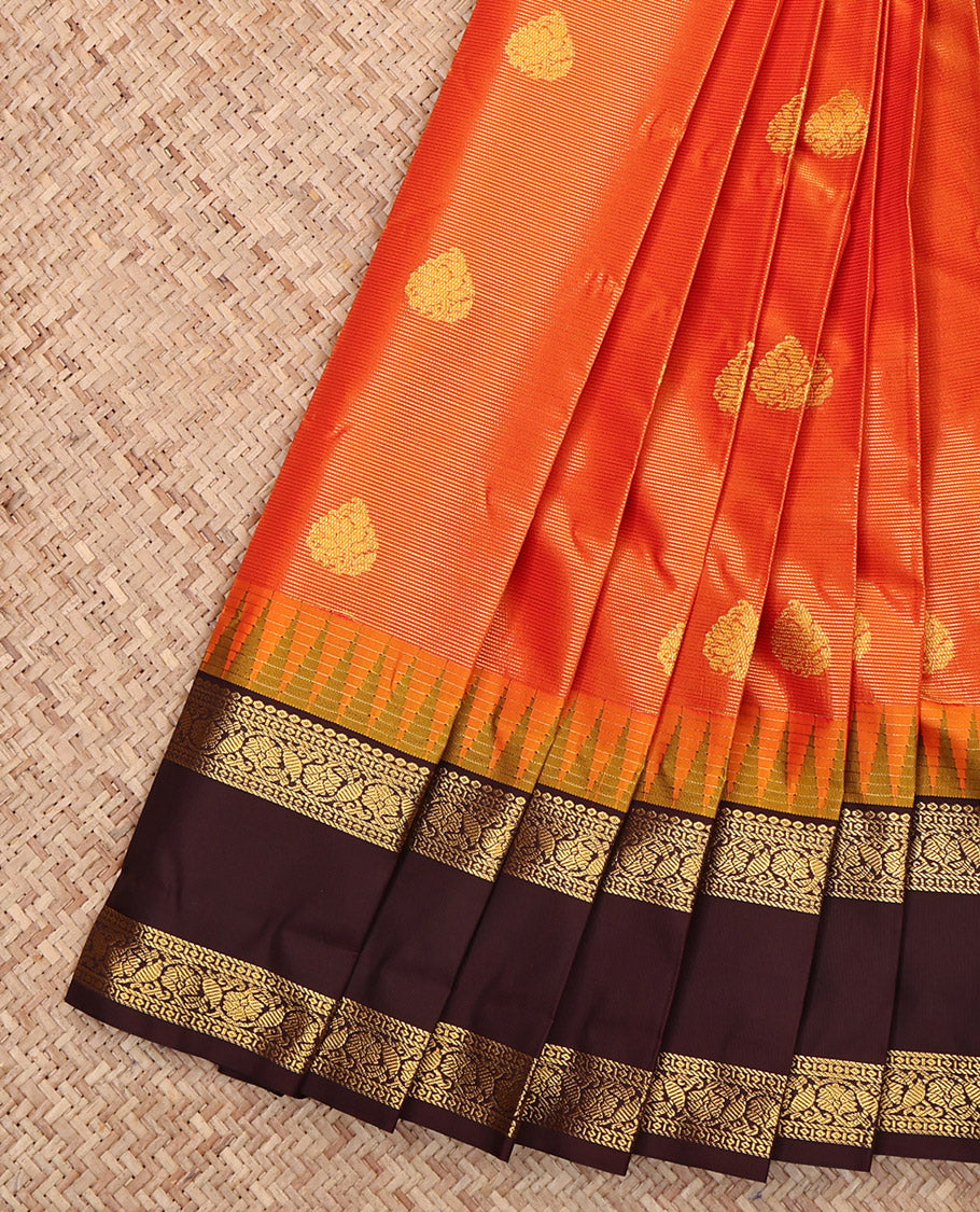 Orange Budget Silk Saree, Gleamed Up with Zari Buttas, Complemented by Contrast Traditional Zari Rettai Pettu Temple Border, Grand Pallu and a Contrast Blouse