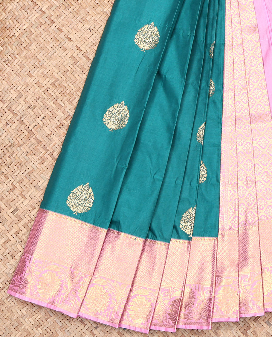 Peacock Blue Budget Silk Saree, Adorned with Zari Buttas, Contrast Traditional Zari Border, Jaal Pallu, and a Contrast Blouse