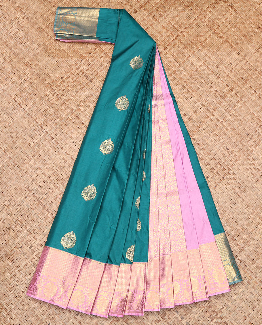 Peacock Blue Budget Silk Saree, Adorned with Zari Buttas, Contrast Traditional Zari Border, Jaal Pallu, and a Contrast Blouse