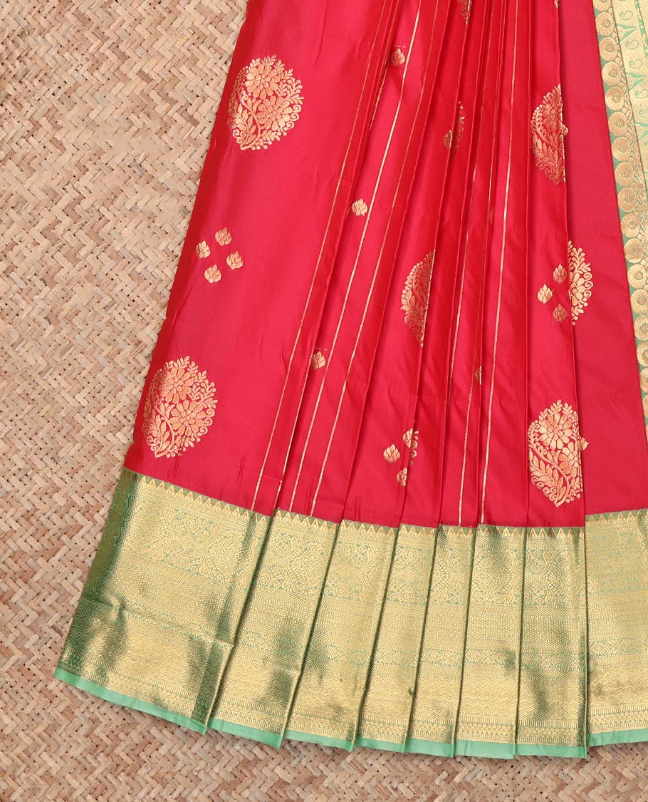 Rust Budget Silk Saree, Decorated with Zari Buttas, Complemented by Contrast Traditional Zari Border, Grand Pallu and a Contrast Blouse