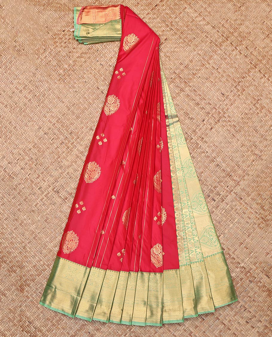 Rust Budget Silk Saree, Decorated with Zari Buttas, Complemented by Contrast Traditional Zari Border, Grand Pallu and a Contrast Blouse