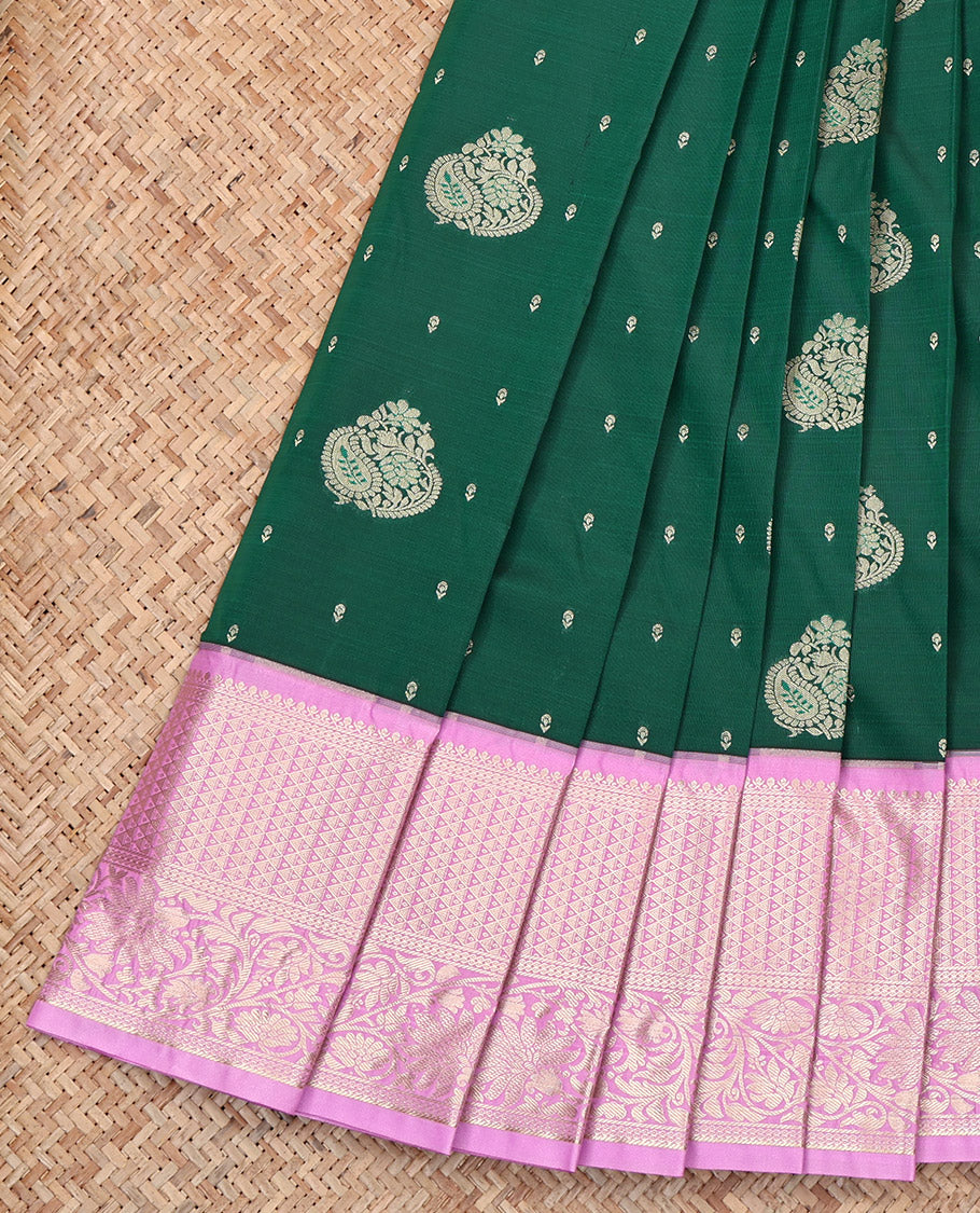 Green Budget Silk Saree, Woven with Zari Buttas, Complemented by Contrast Traditional Zari Border, Grand Pallu, and a Contrast Blouse