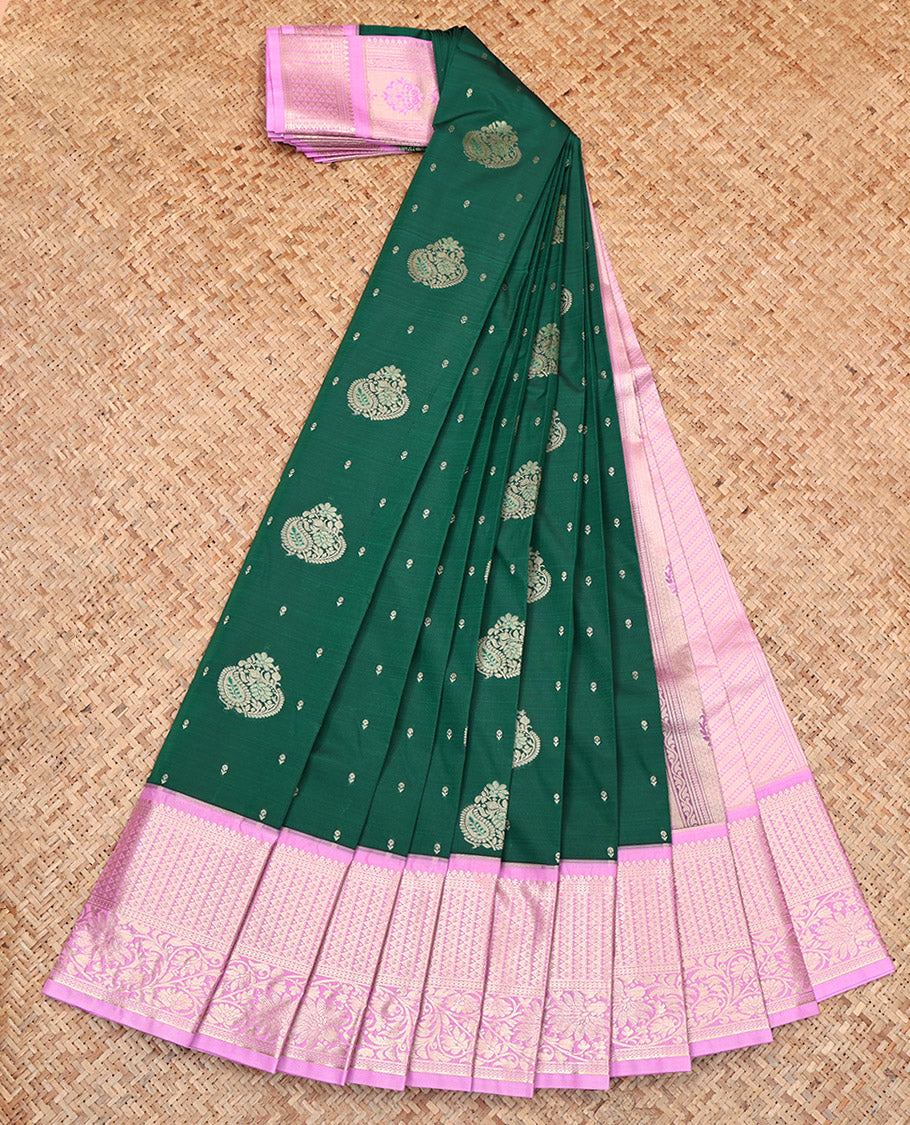 Green Budget Silk Saree, Woven with Zari Buttas, Complemented by Contrast Traditional Zari Border, Grand Pallu, and a Contrast Blouse