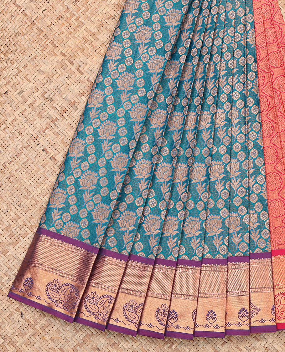 Blue Budget Silk Saree, Boldy Beautified with Lotus Jacquard, Complemented by a Contrast Traditional Zari Border, Grand Pallu and a Contrast Blouse
