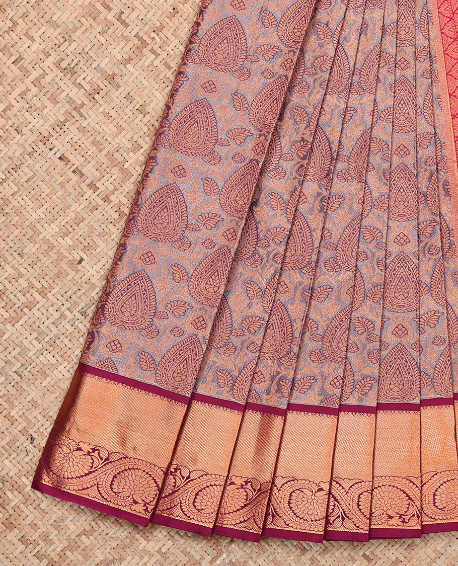 Grey Budget Silk Saree, Woven with Jacquard, Complemented by Contrast Traditional Zari Border, Jaal Pallu, and a Contrast Blouse
