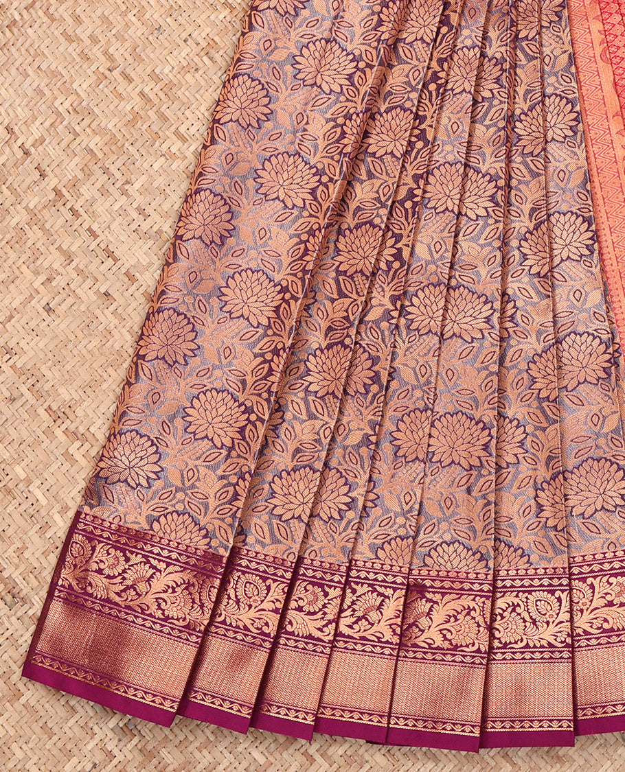 Grey Budget Silk Saree, Impeccably Styled with Jacquard, a Contrast Traditional Zari Border, Grand Pallu, and a Contrast Blouse