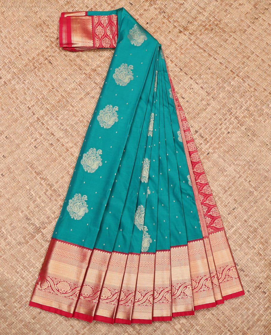 Green Budget Silk Saree, Embellished with Zari Buttas, Complemented by a Contrast Traditional Zari Border, Grand Pallu, and a Contrast Blouse