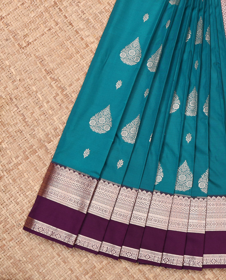 Blue Budget Silk Saree, Graced with Zari Buttas, Complemented by a Contrast Rettai Pettu Traditional Zari Border, Grand Pallu, and Contrast Blouse