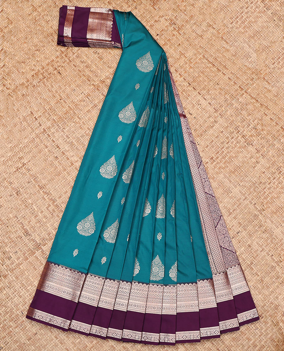 Blue Budget Silk Saree, Graced with Zari Buttas, Complemented by a Contrast Rettai Pettu Traditional Zari Border, Grand Pallu, and Contrast Blouse