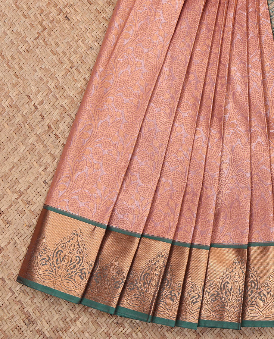 Peach Budget Silk Saree, Delicately Woven with a Jacquard Design, Complemented by a Contrast Floral Creeper Zari Border, Grand Pallu, and Contrast Blouse