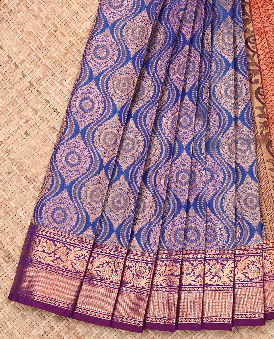 Blue Budget Silk Saree, Highlighted by Ogee Jacquard Design, Complemented by a Contrast Traditional Zari Border, Grand Pallu, and a Contrast Blouse