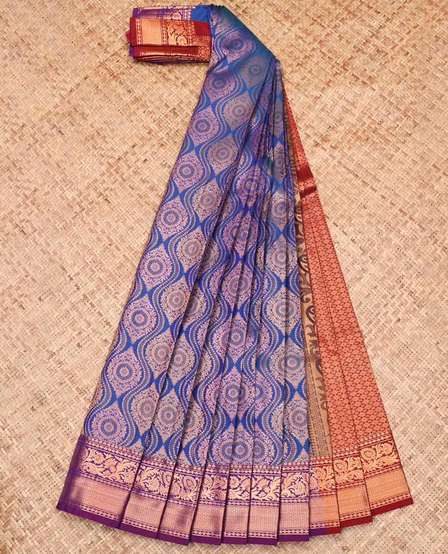 Blue Budget Silk Saree, Highlighted by Ogee Jacquard Design, Complemented by a Contrast Traditional Zari Border, Grand Pallu, and a Contrast Blouse
