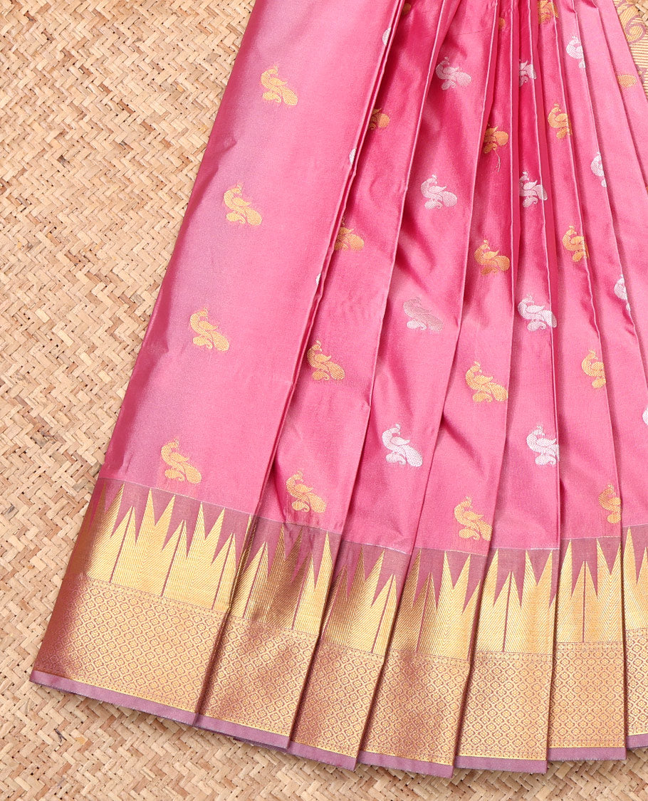 Pink Budget Silk Saree, Artfully Woven with Peacock Buttas, Complemented by Contrast Traditional Temple Zari Border, Intricate Pallu, and Contrast Blouse