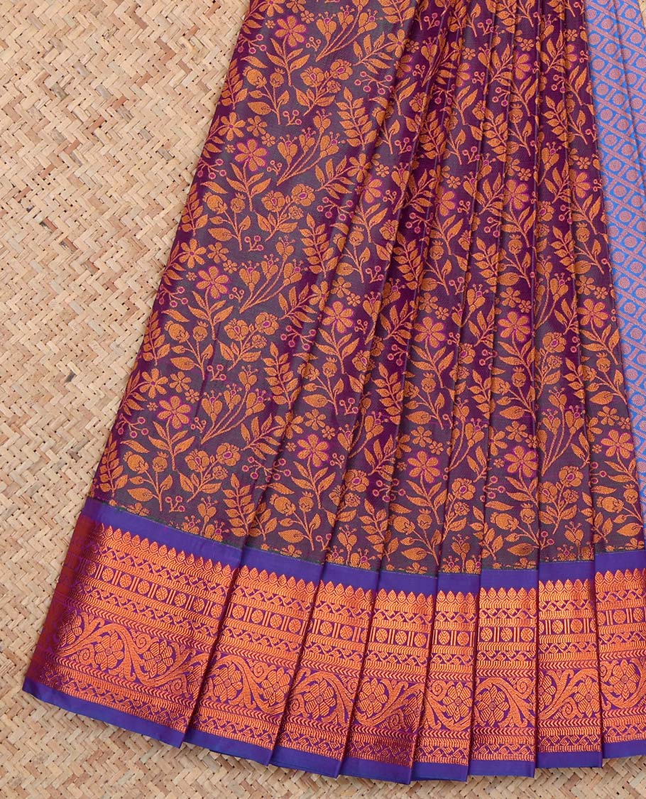Purple Budget Silk Saree,Highlighted by Floral Vine Design, Complemented by Contrast Traditional Zari Border, a Jaal Pallu and a Contrast Blouse
