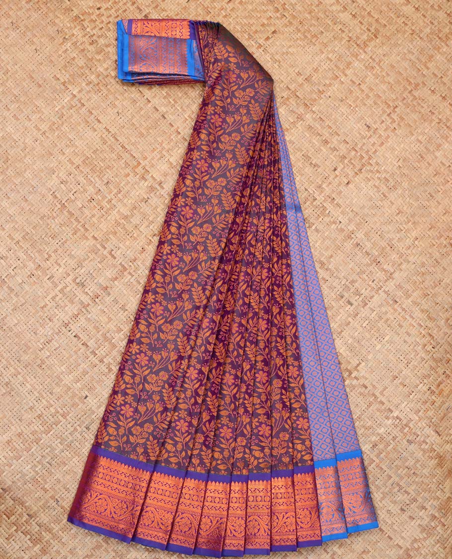 Purple Budget Silk Saree,Highlighted by Floral Vine Design, Complemented by Contrast Traditional Zari Border, a Jaal Pallu and a Contrast Blouse