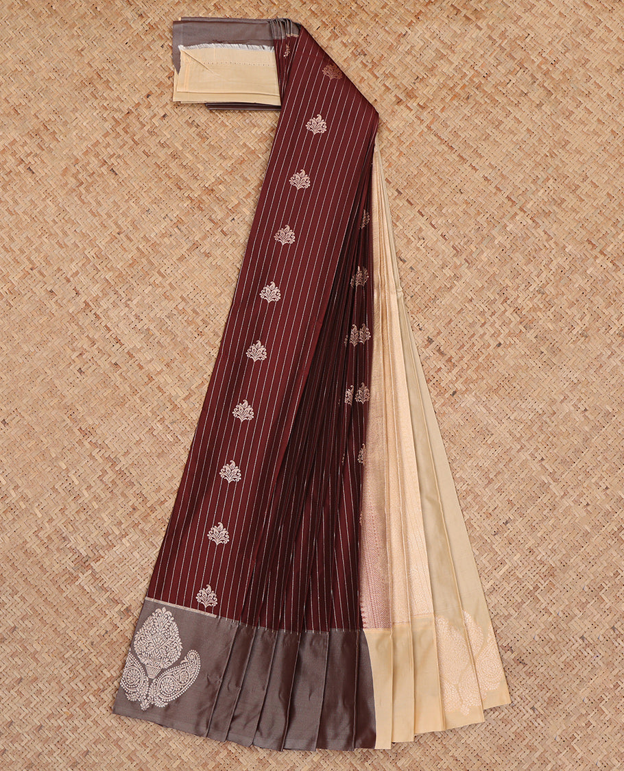 Maroon Budget Silk Saree, Spotlighted with Zari Buttas and Stripes, Complemented by a Contrast Zari Motif Border, Intricate Pallu, and a Contrast Blouse