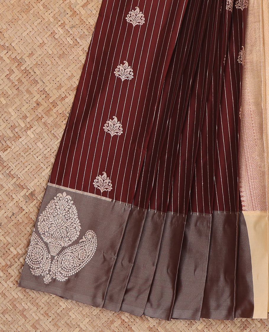 Maroon Budget Silk Saree, Spotlighted with Zari Buttas and Stripes, Complemented by a Contrast Zari Motif Border, Intricate Pallu, and a Contrast Blouse