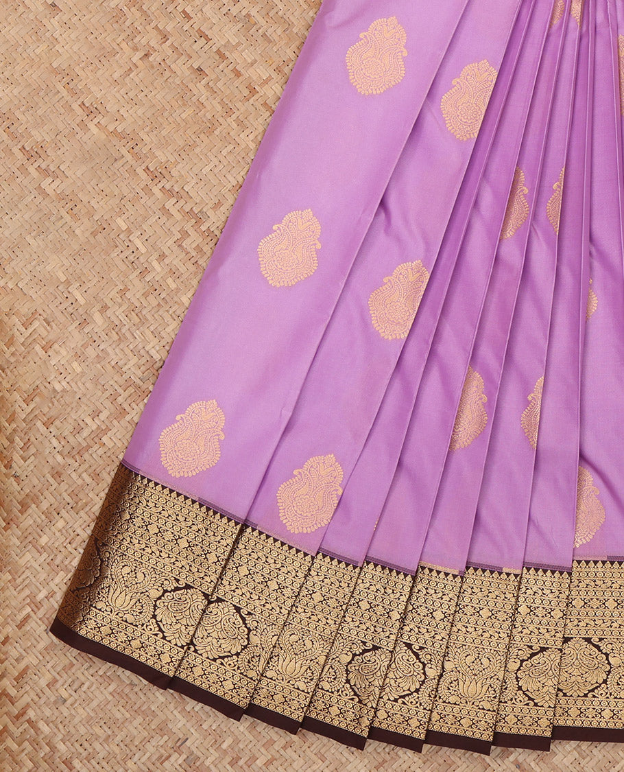 Lavender Budget Silk Saree, Woven with Zari Buttas, a Contrast Traditional Border, Grand Pallu, and a Contrast Blouse