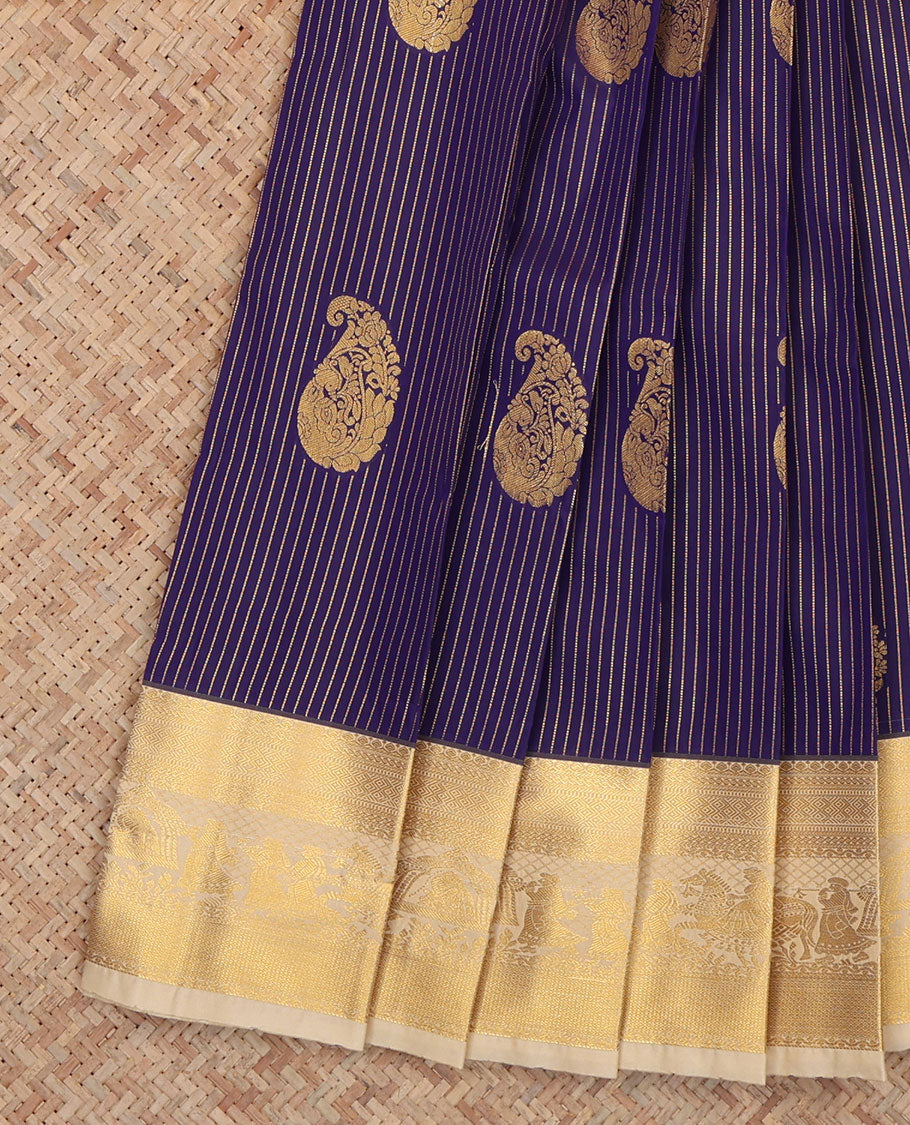 Purple Budget Silk Saree, Enhanced with Paisley-Buttas and Stripes, a Contrast Traditional Wedding Themed Zari Border, a Grand Pallu and a Contrast Blouse