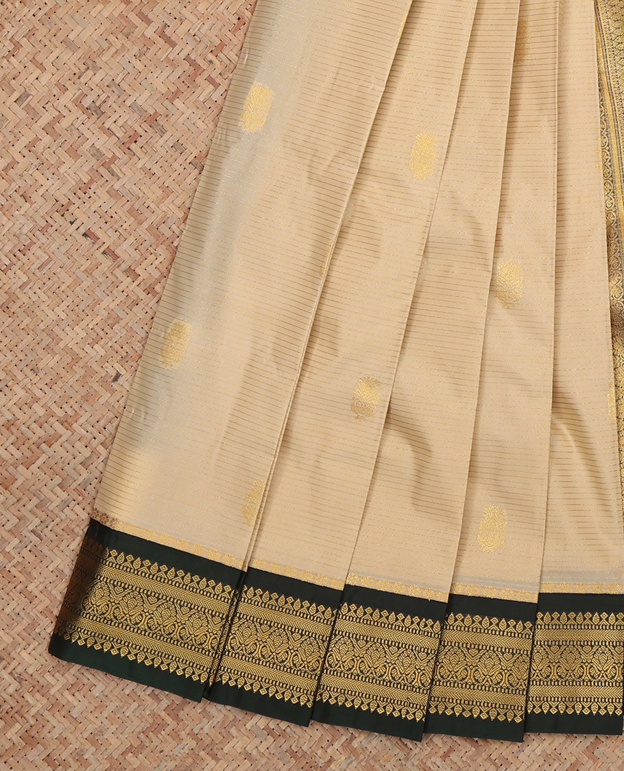Sandal Budget Silk Saree, Highlighted by Zari Buttas and Stripes, Complemented by Contrast Traditional Zari Border, a Jaal Pallu and a Contrast Blouse