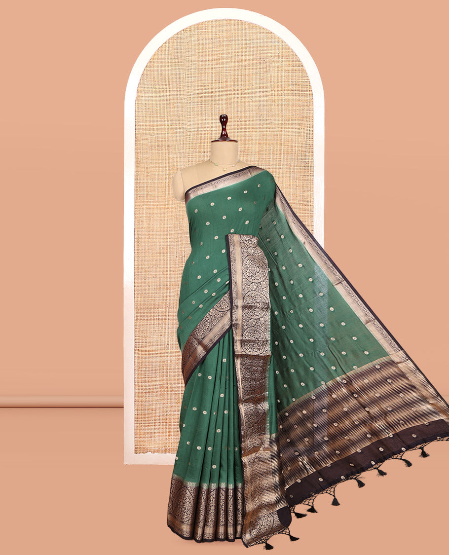 Green Assam Silk Saree, Highlighted by Zari Buttas, Complemented by Contrast Intricate Zari Border, Zari Woven Pallu, and Contrast Blouse