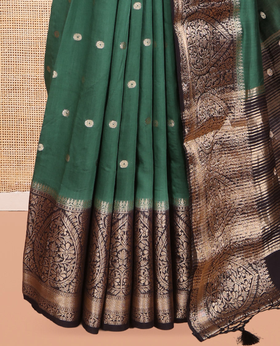 Green Assam Silk Saree, Highlighted by Zari Buttas, Complemented by Contrast Intricate Zari Border, Zari Woven Pallu, and Contrast Blouse