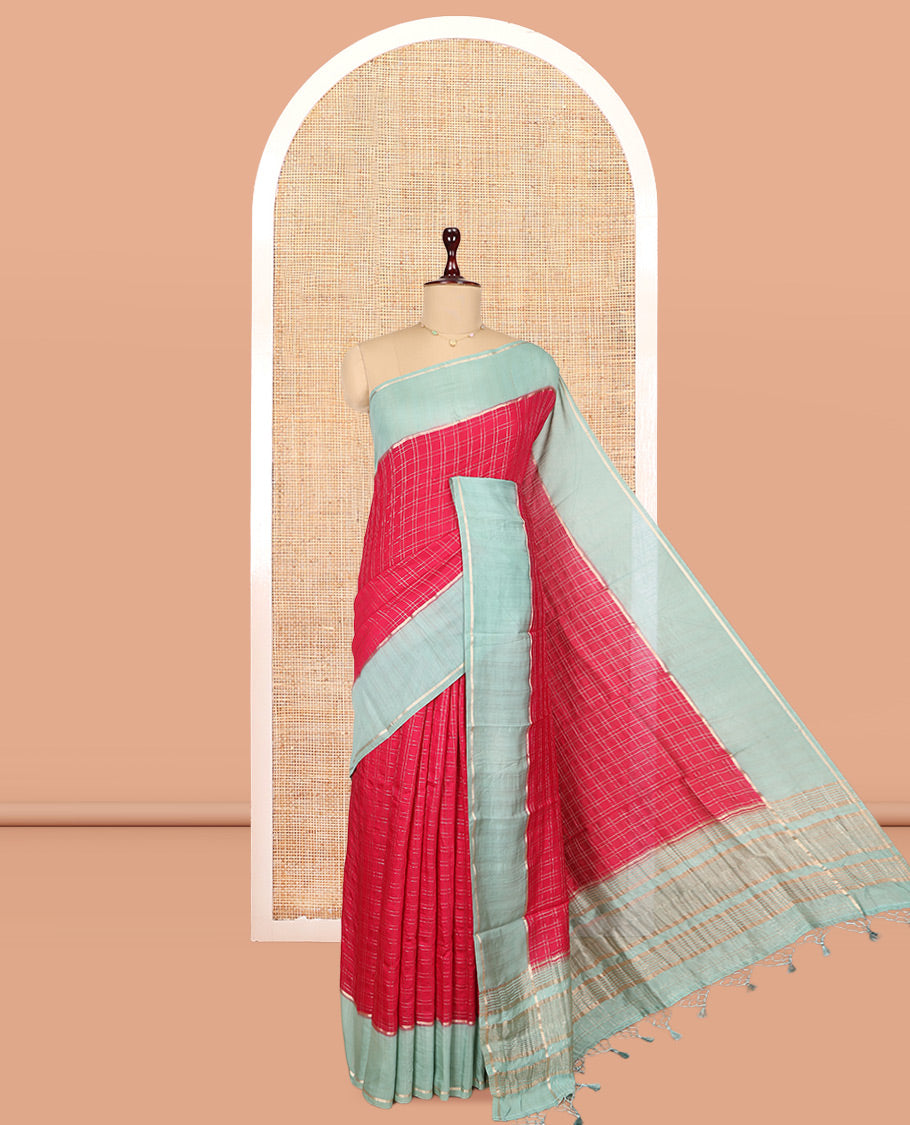 Red Assam Silk Saree, Mesmerized with Zari Checks, Complemented by Contrast Zari Border, Zari Woven Pallu, and Contrast Blouse