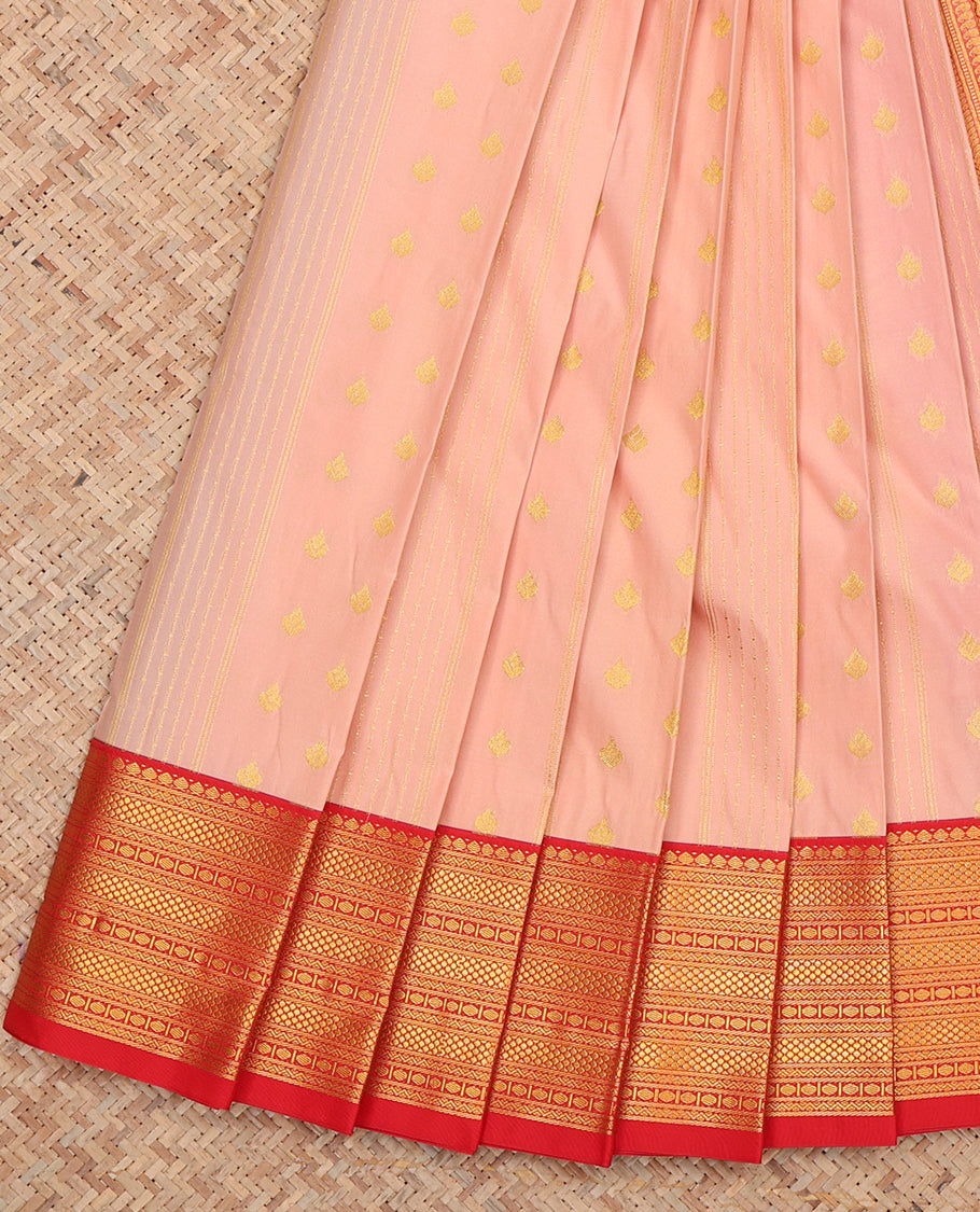 Peach Budget Silk Saree, Adorned with Zari Buttas and Stripes, Complemented by a Contrast Traditional Zari Border, Grand Pallu, and Contrast Blouse
