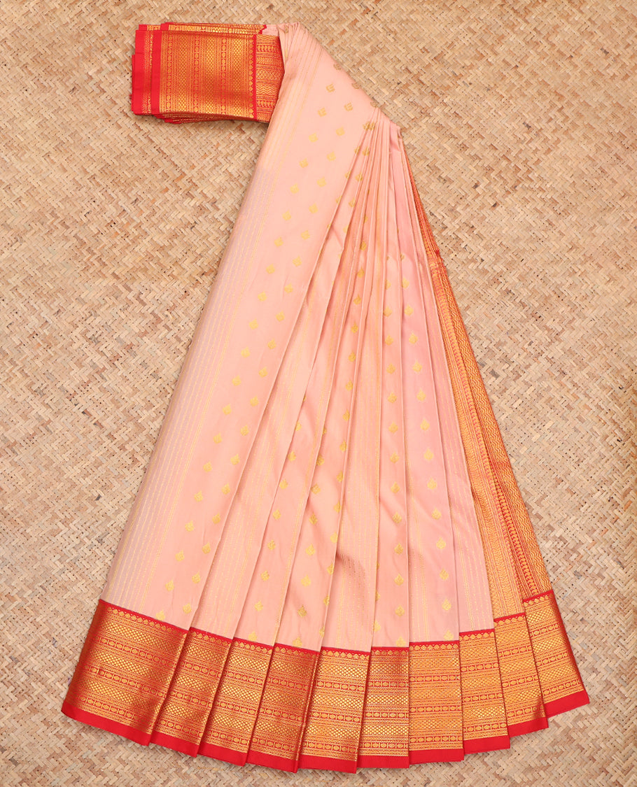 Peach Budget Silk Saree, Adorned with Zari Buttas and Stripes, Complemented by a Contrast Traditional Zari Border, Grand Pallu, and Contrast Blouse