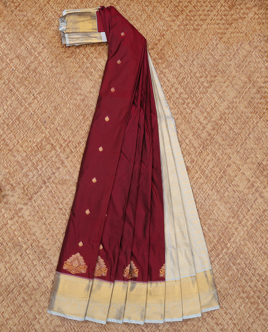 Maroon Budget Silk Saree, Adorned with Zari Buttas, Complemented by a Contrast Traditional Zari Border, Grand Pallu, and Contrast Blouse