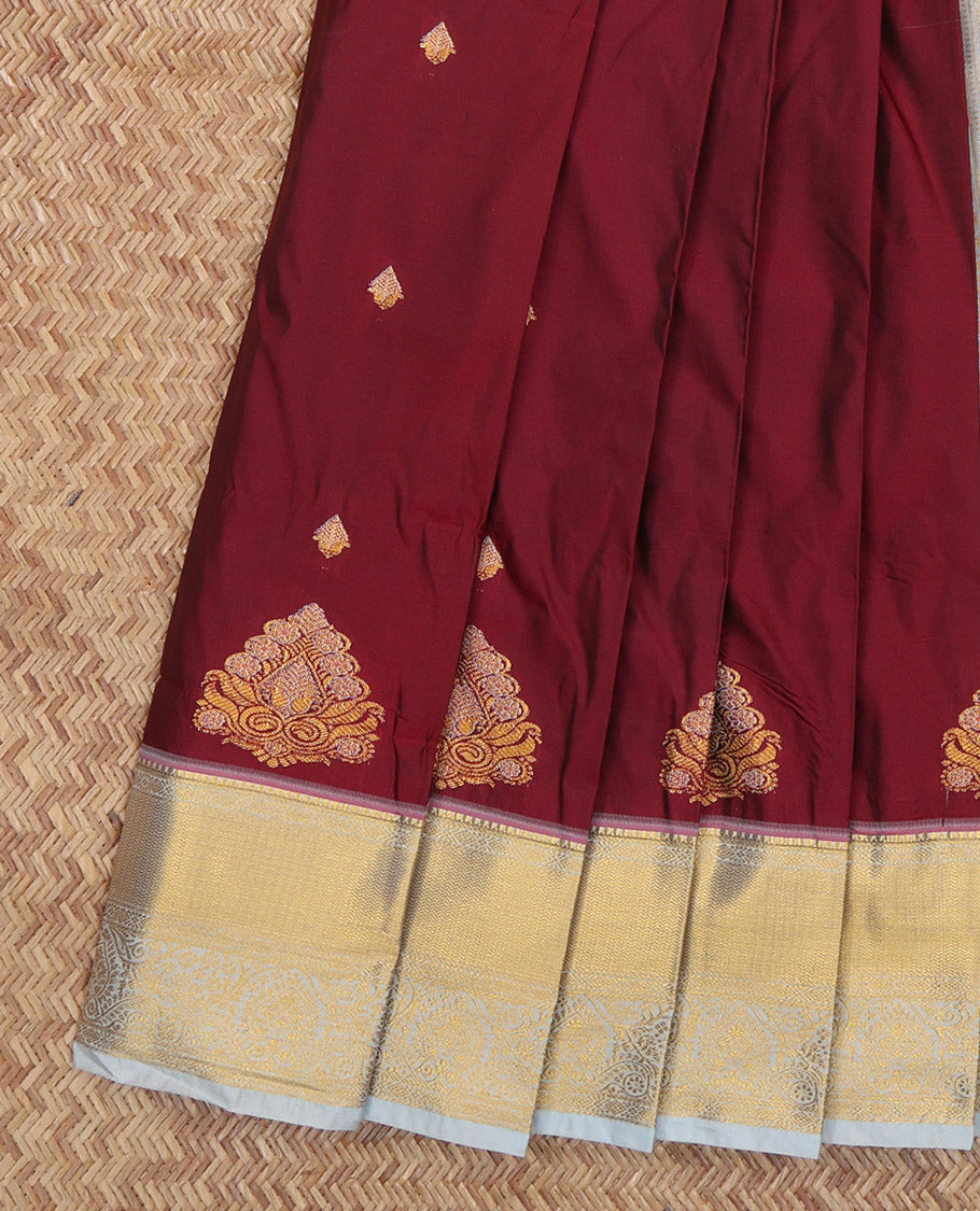 Maroon Budget Silk Saree, Adorned with Zari Buttas, Complemented by a Contrast Traditional Zari Border, Grand Pallu, and Contrast Blouse