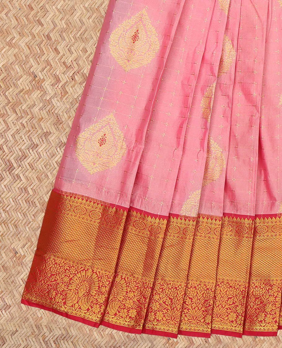 Pink Budget Silk Saree, Accentuated with Zari Buttas and Checks, a Contrast Traditional Zari Border, Grand Pallu, and a Contrast Blouse