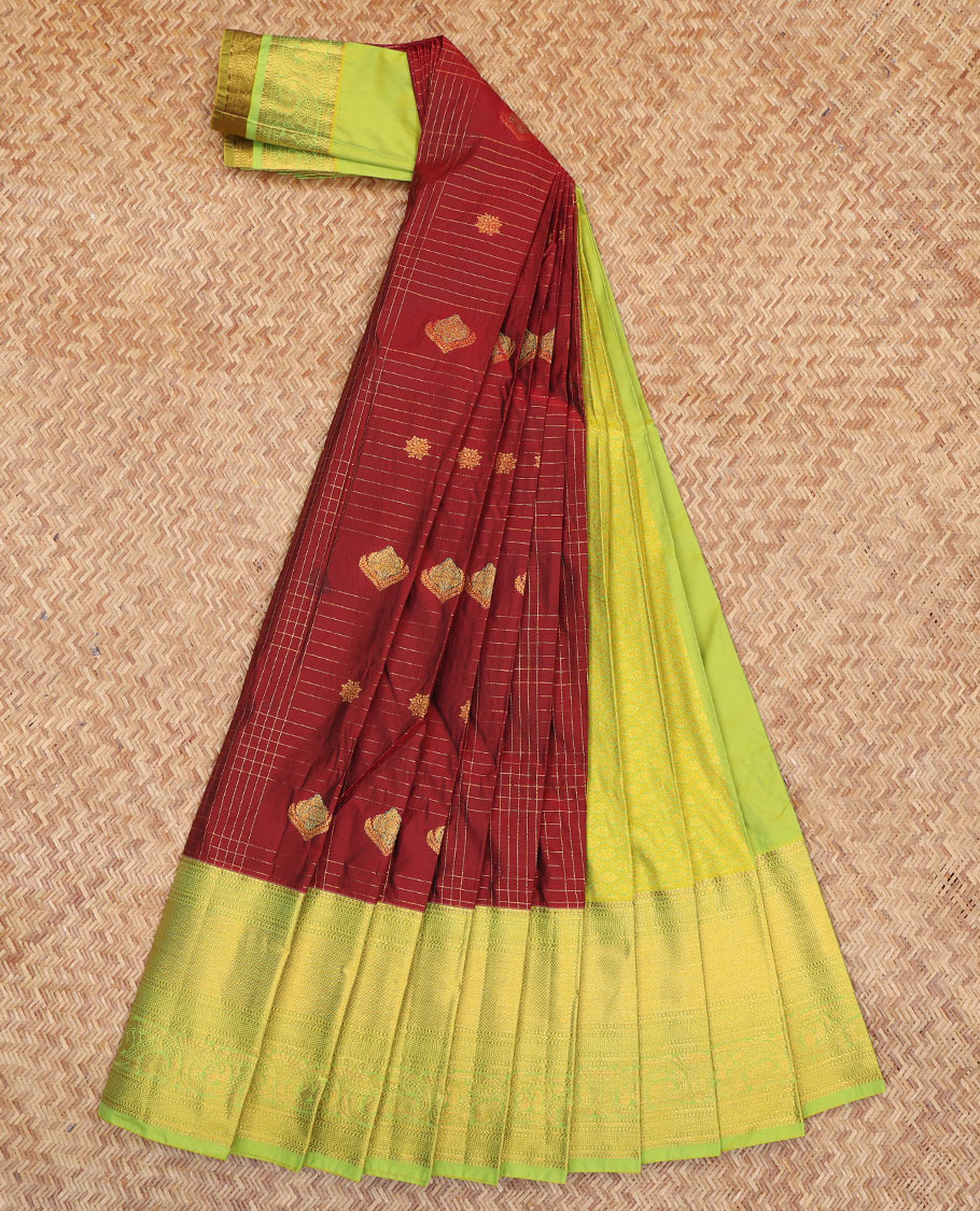 Maroon Budget Silk Saree, Woven with Zari Buttas, a Contrast Traditional Zari Border, Grand Pallu, and a Contrast Blouse