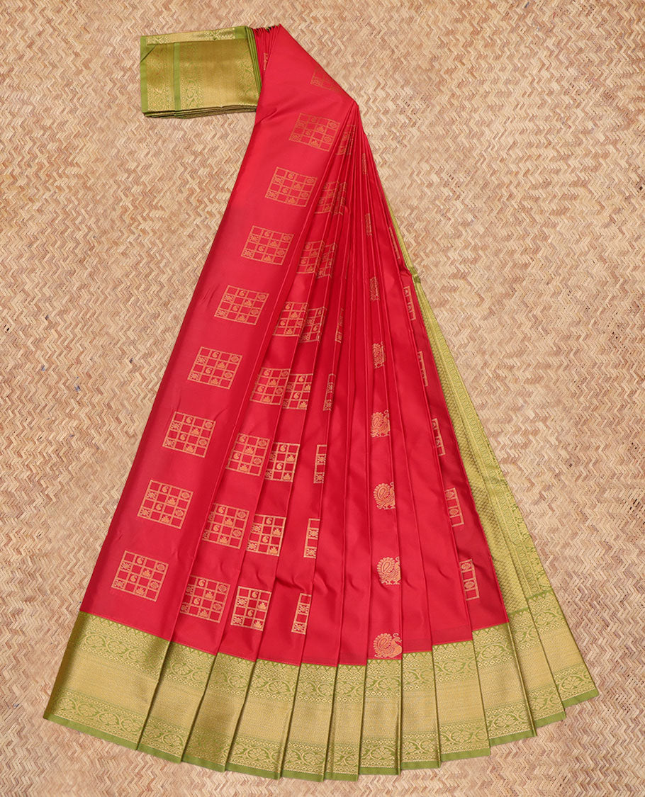 Red Budget Silk Saree, Delicately Decked up with Zari Buttas, a Contrast Traditional Zari Border, Intricate Pallu, and a Contrast Blouse