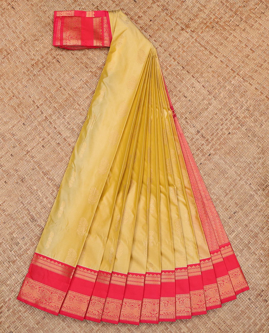 Yellow Budget Silk Saree, Enriched with Zari Buttas, a Contrast Traditional Zari Rettai Pettu Border, Grand Pallu, and a Contrast Blouse