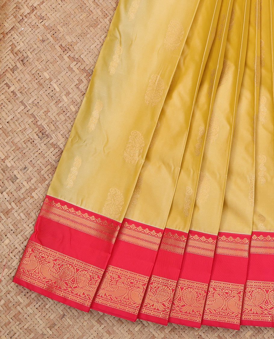Yellow Budget Silk Saree, Enriched with Zari Buttas, a Contrast Traditional Zari Rettai Pettu Border, Grand Pallu, and a Contrast Blouse