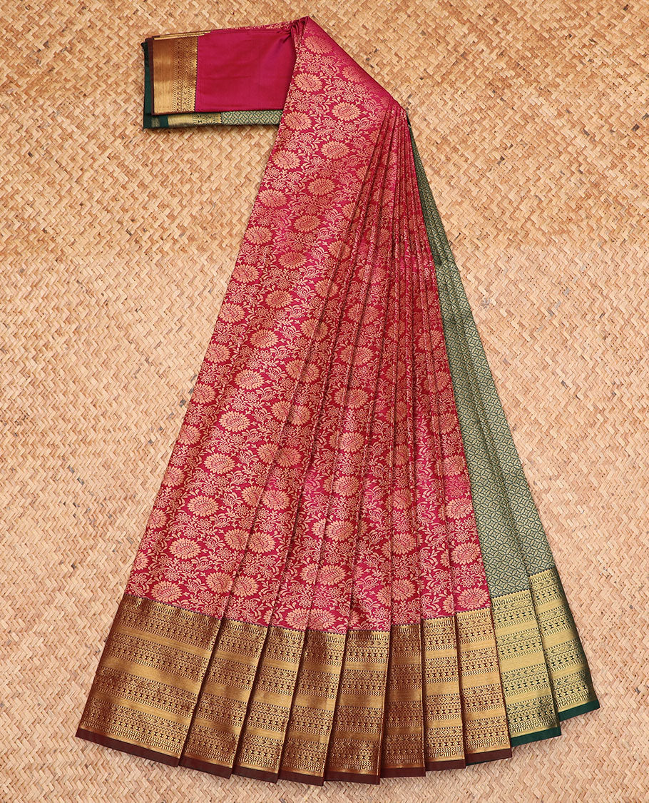 Light maroon jacquard gift saree, contrast traditional zari design border, and pallu of jaal designs