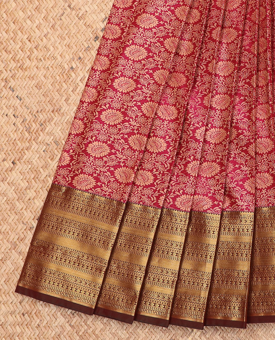 Light maroon jacquard gift saree, contrast traditional zari design border, and pallu of jaal designs