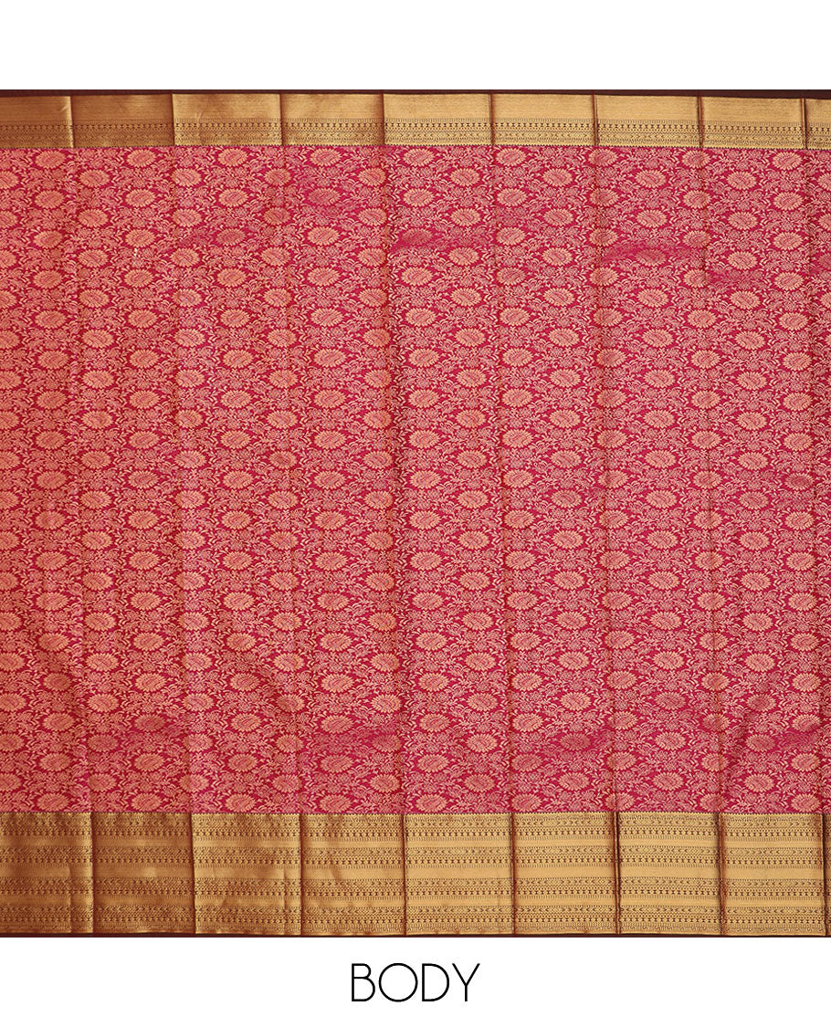 Light maroon jacquard gift saree, contrast traditional zari design border, and pallu of jaal designs