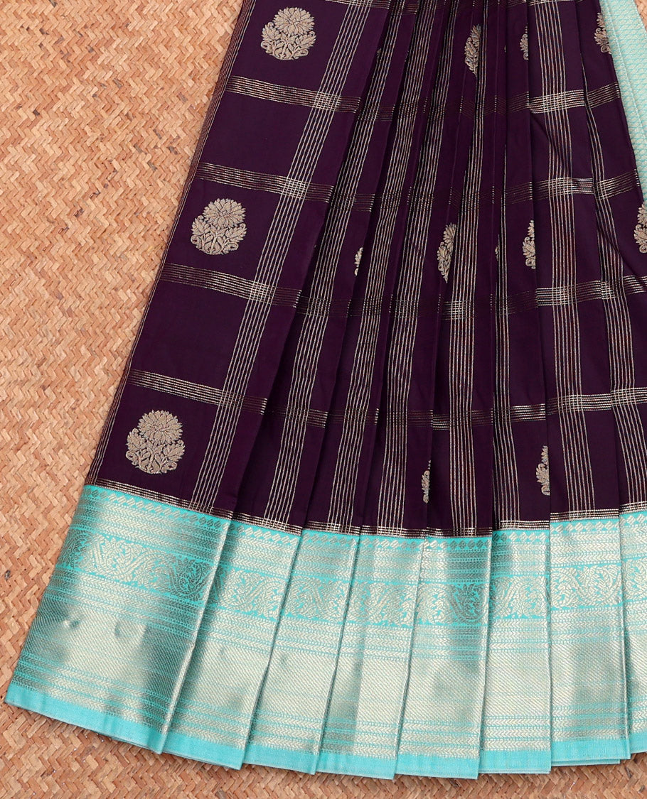 Purple Budget Silk Saree, Beautified with Zari Butta Enclosed Checks, Complemented by a Contrast Traditional Zari Border, Grand Pallu, and Contrast Blouse