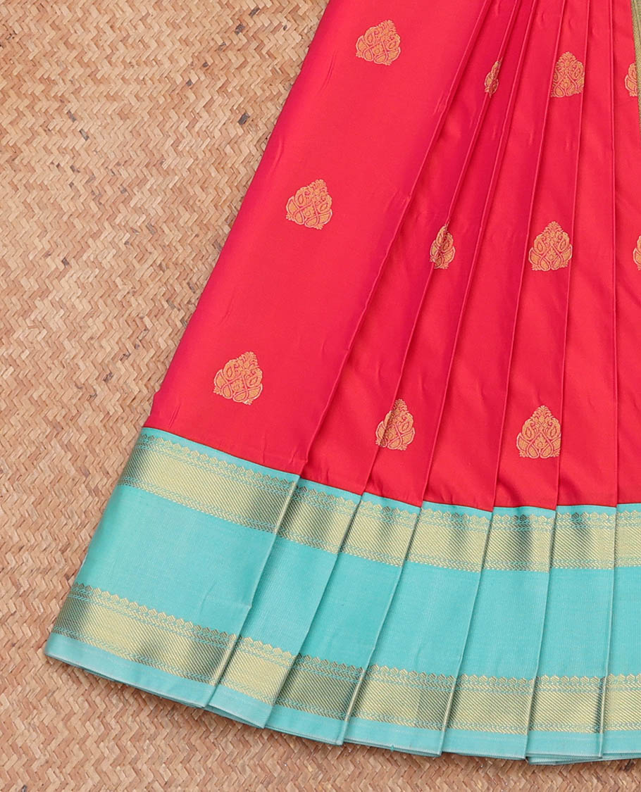 Red Budget Silk Saree, Spotlighted with Zari Buttas, Complemented by a Contrast Traditional Zari Rettai Pettu Border, Jaal Pallu, and a Contrast Blouse