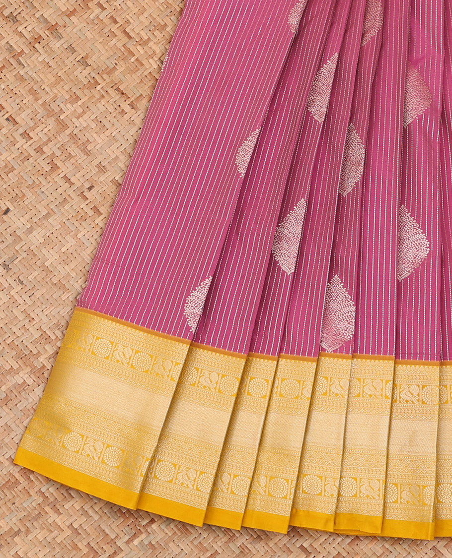 Pink Budget Silk Saree Woven with Zari Stripes and Thilakam Buttas All Over Its Body, Complemented by a Contrast Traditional Zari Design Border, Pallu Opulently Embellished with Jaal Design, and Paired with a Contrast Blouse