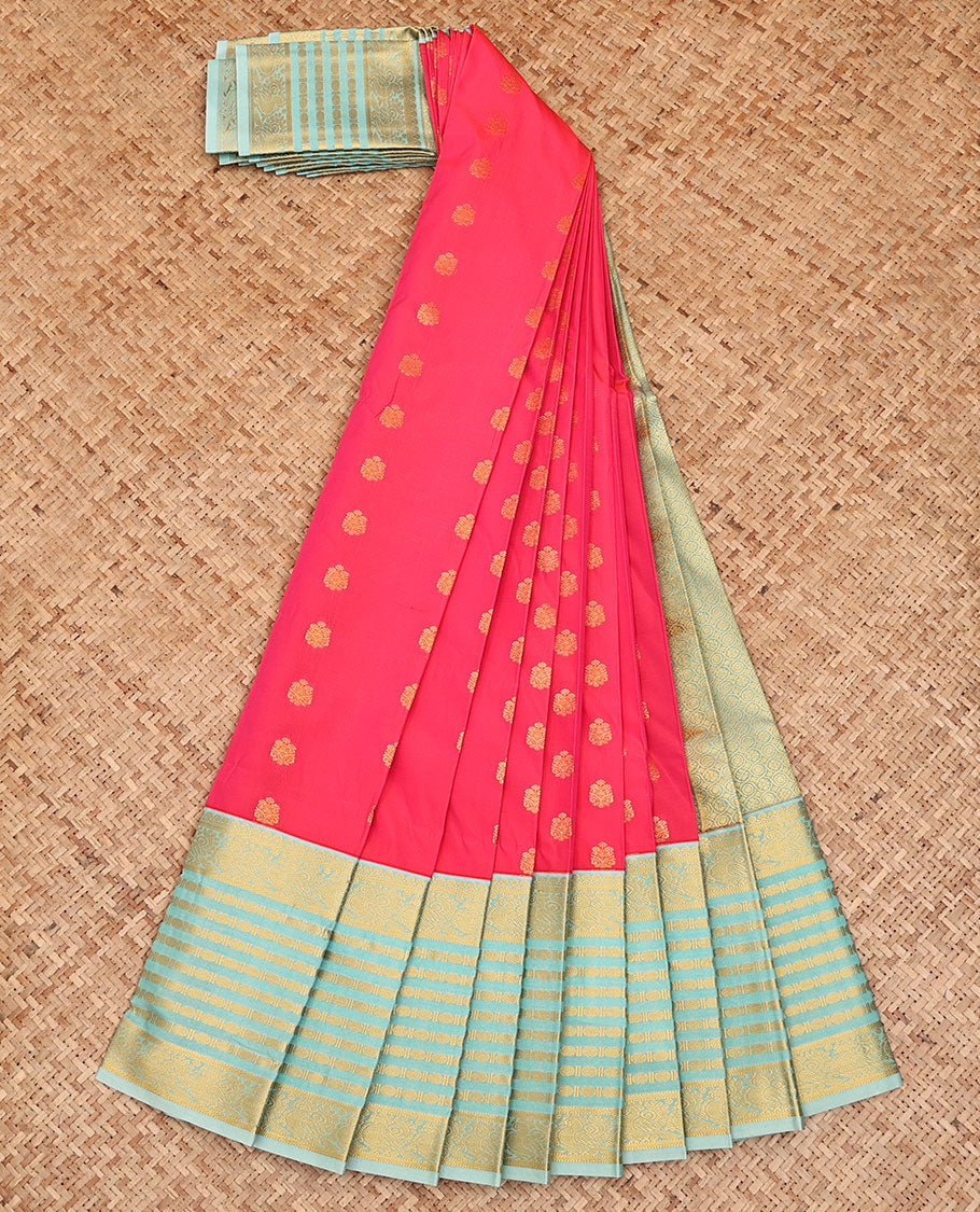 Pink Budget Silk Saree, Artfully Detailed with Zari Buttas All Over Its Body, Complemented by a Contrast Traditional Zari Border of Peacock Designs, Opulently Embellished Pallu of Jaal Designs, and Paired with a Contrast Blouse