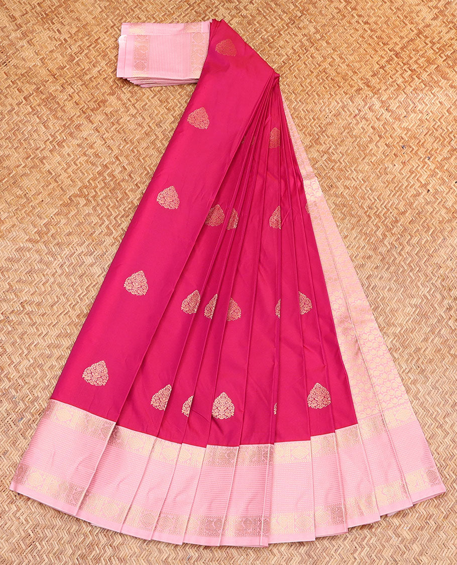 Pink Budget Silk Saree, Enthralled with Zari Buttas, Complemented by a Contrast Traditional Zari Border, Pallu of Paisley Vine, and a Contrast Blouse