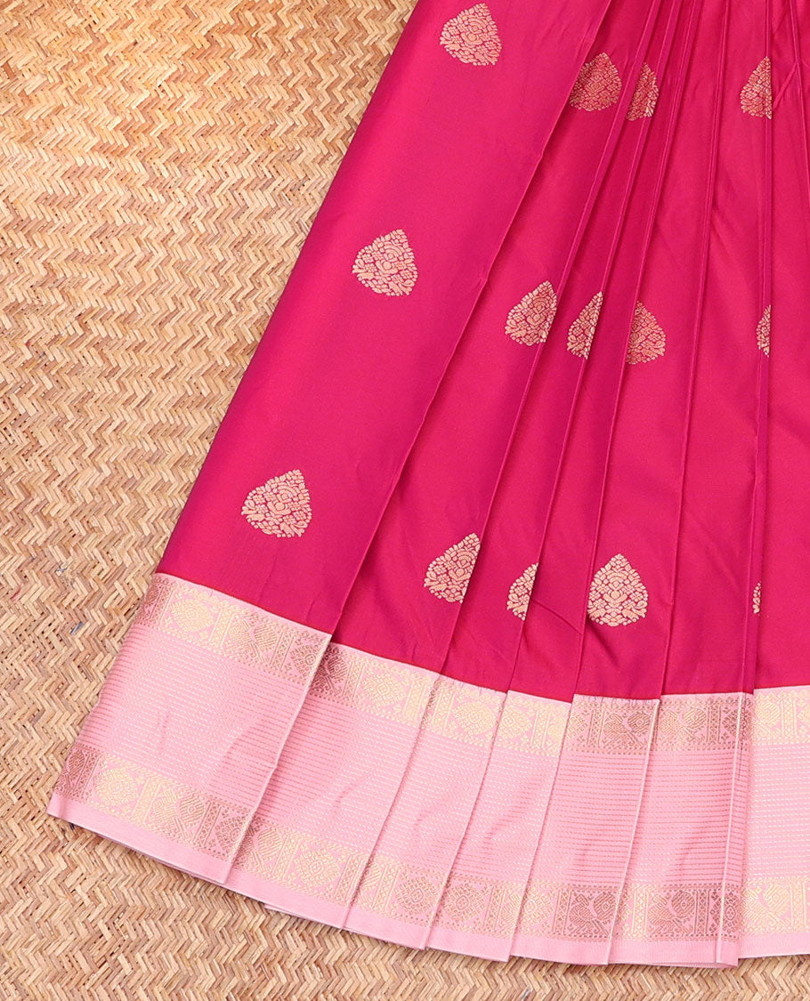 Pink Budget Silk Saree, Enthralled with Zari Buttas, Complemented by a Contrast Traditional Zari Border, Pallu of Paisley Vine, and a Contrast Blouse